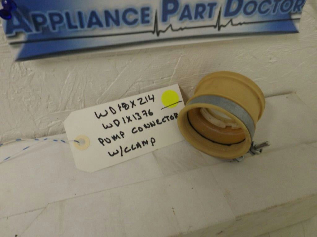GENERAL ELECTRIC DISHWASHER WD18X214 WD1X1376 PUMP CONNECTOR W/CLAMP USED GENERAL ELECTRIC DISHWASHER WD18X214 WD1X1376 PUMP CONNECTOR W/CLAMP USED